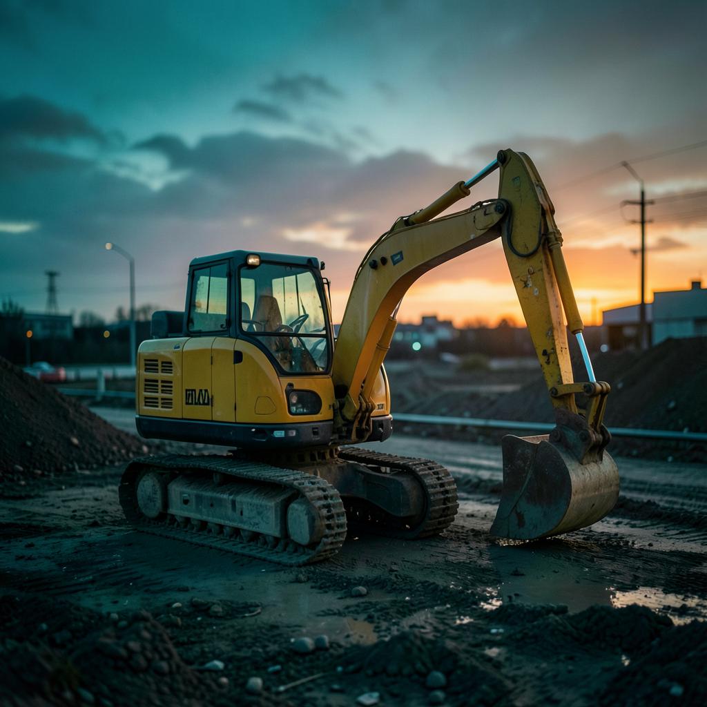 Mini escavadeira em canteiro de obras ao entardecer