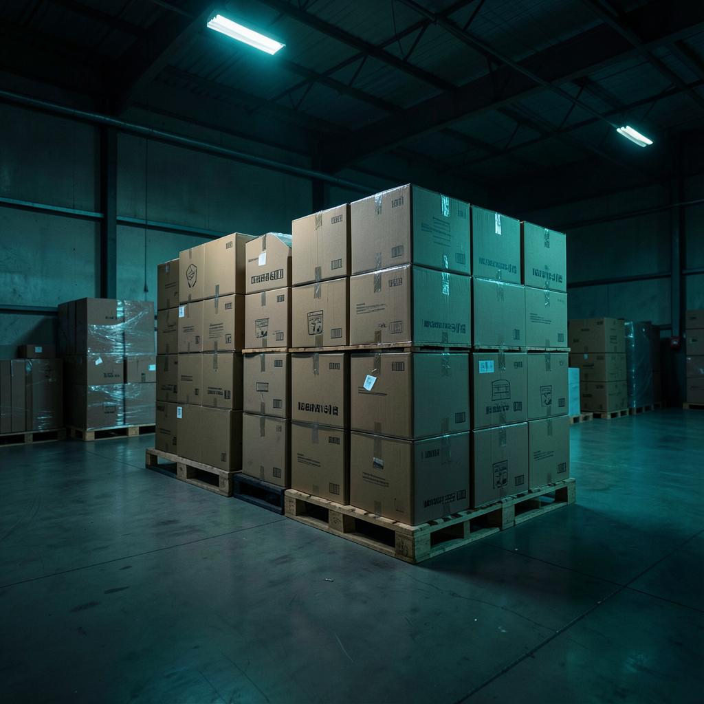 Pallets de móveis empilhados em galpão de leilão